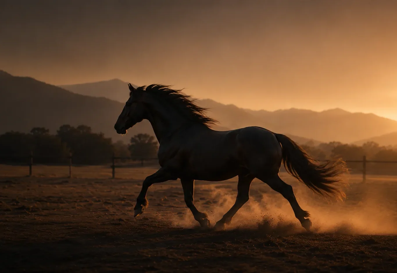 Horse running across a field at sunset