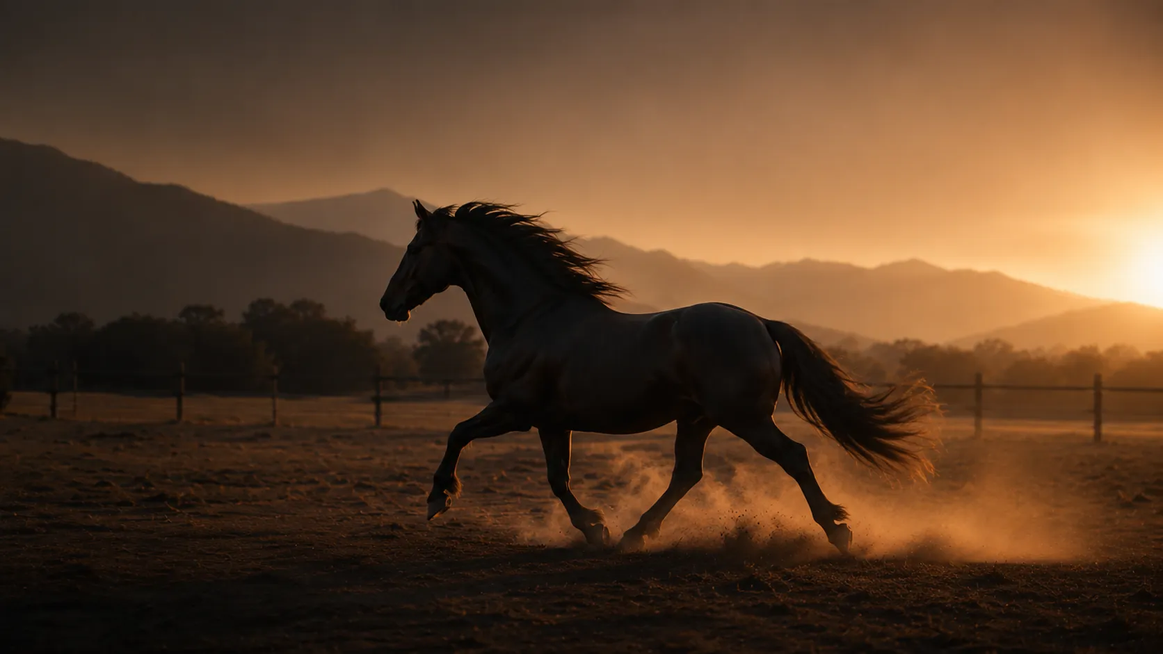 Horse running across a field at sunset